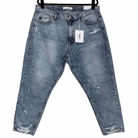 Kancan Relaxed Ankle Jeans Womens XL 37x26 Blue Distressed High Rise NWT - Picture 1 of 12